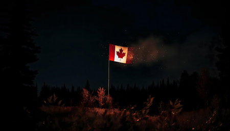 A Canadian flag illuminated at night with fireworks.