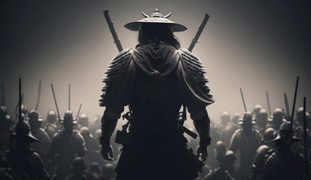 A lone samurai, back to the viewer, stands before his army. Monochromatic tones enhance the dramatic sceneの写真素材