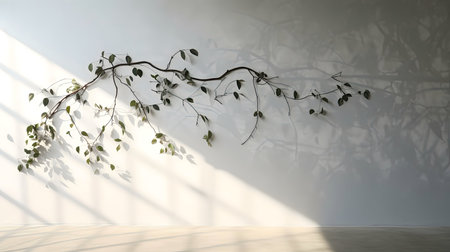 A minimalist photograph of a branch with leaves, casting a shadow on a white wall. The interplay of...