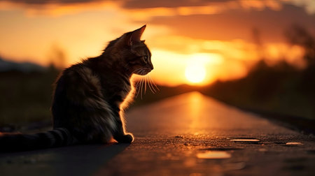 A captivating silhouette of a cat, bathed in the warm glow of a setting sun.の写真素材