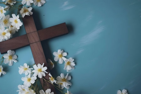 A wooden cross surrounded by white flowers on a teal background. A peaceful and spiritual image.の写真素材
