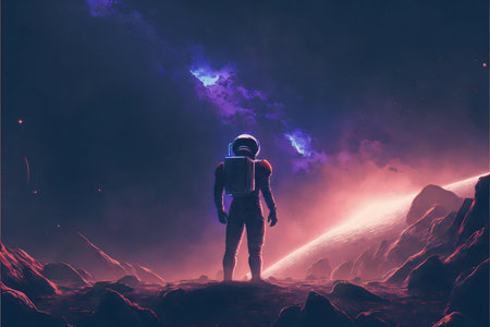 A lone astronaut stands on a distant, alien planet, gazing at a stunning cosmic vista.の写真素材