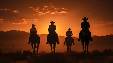 Four cowboys on horseback ride into a vibrant sunset. Silhouette scene.の写真素材