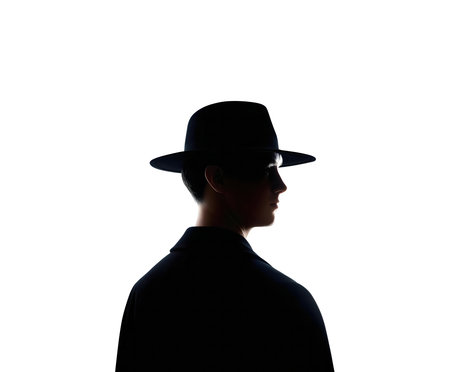 A striking silhouette of a man in a hat against a white backdrop.