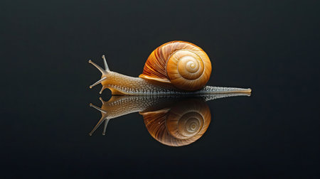 A snail with its reflection on a dark surface. Macro photography.の写真素材