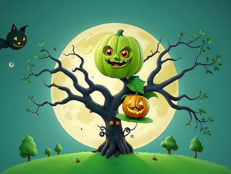 Jack-o'-lanterns adorn a whimsical tree under a full moon. Spooky and fun Halloween illustration.の写真素材