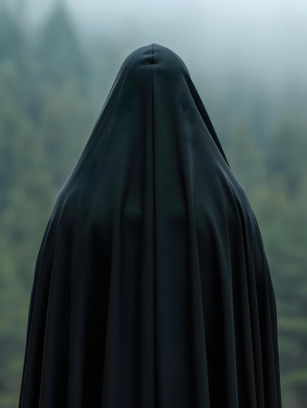 A mysterious figure, entirely covered in black cloth, stands before a foggy mountain vista. The scene evokes intrigue and a sense of the unknown.の写真素材