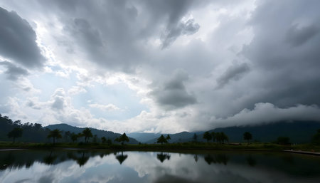 Stunning lake reflecting dramatic clouds and mountains. Peaceful and serene nature scene.の写真素材
