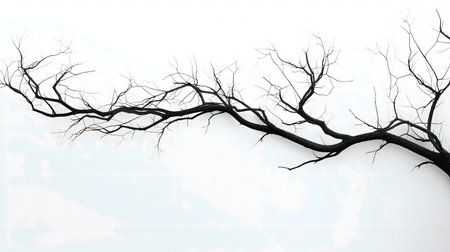 A stark, minimalist image of a bare tree branch against a pale sky.の写真素材