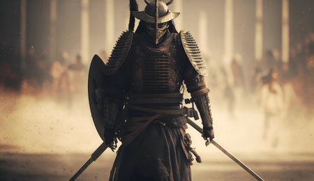 A lone samurai stands defiant amidst the chaos of battle, his armor gleaming.の写真素材