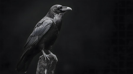 A striking black and white photograph of a raven perched on a weathered post against a dark backdrop.の写真素材
