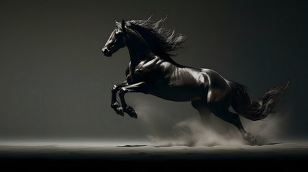A stunning image of a black stallion leaping, showcasing its raw power and elegance.の写真素材