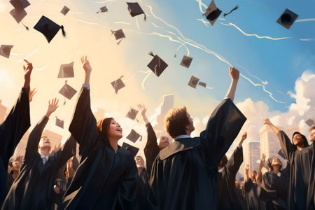 A vibrant scene of graduating students throwing their caps in the air, expressing their collective joy and accomplishment.の写真素材