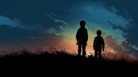 Two brothers silhouetted against a vibrant sunset. Peaceful.の写真素材