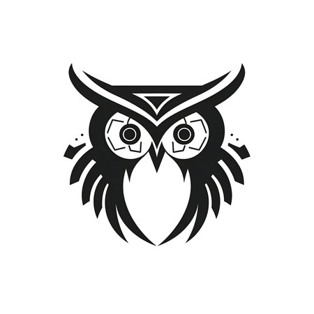 Stylized owl head, black and white geometric design.の写真素材