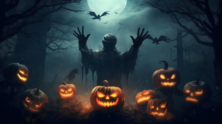 A spooky Halloween scene with a scary scarecrow and glowing pumpkins.の写真素材