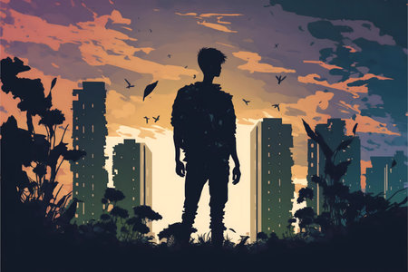 A solitary figure silhouetted against a sunset, overlooking a city overtaken by nature.の写真素材