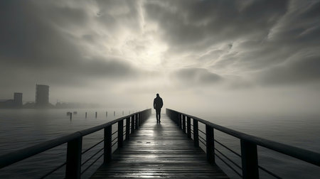 A solitary figure walks a misty pier towards an unclear horizon. Solitude and mystery prevail.の写真素材