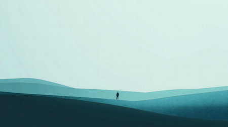 A lone figure stands on teal hills, minimalist landscape. Calm atmosphere.の写真素材