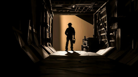 A lone miner's silhouette in a dark mine. The image evokes a sense of mystery and isolation.の写真素材