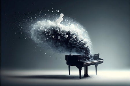 A grand piano emits a swirling cloud of smoke, capturing the essence of music in a captivating abstract piece.の写真素材