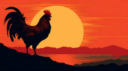 Silhouette of a rooster at a beautiful sunrise over a lake and mountains.の写真素材