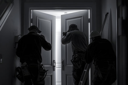 Mysterious black and white image of three construction workers entering a bright room.の写真素材