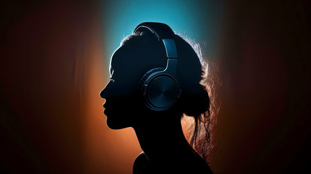 A woman's silhouette, bathed in warm light, wearing headphones, lost in music. Peaceful atmosphere.の写真素材