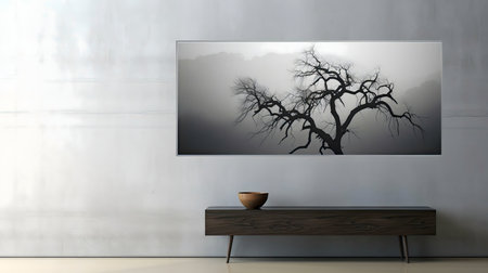 A grayscale image of a bare tree silhouetted against a foggy mountain backdrop. The picture is...