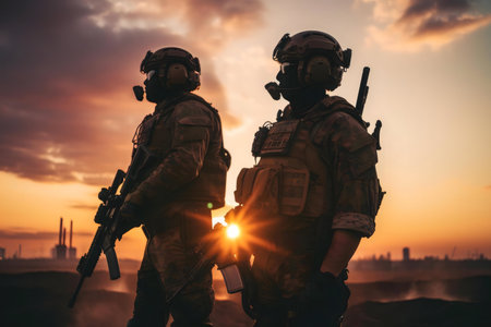 Two soldiers stand silhouetted against a vibrant sunset, showing their unwavering duty.の写真素材