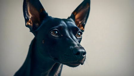 Close-up portrait of a black dog. Its dark fur and expressive eyes create a captivating image.の写真素材