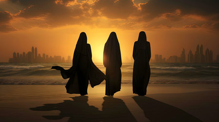 Three women in traditional abayas stand on a beach, silhouetted against a vibrant sunset and city skyline.の写真素材