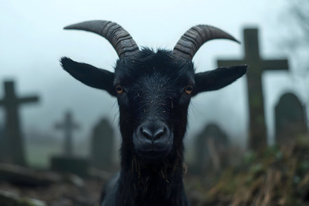 A black goat stares intensely, set against a backdrop of weathered crosses and tombstones shrouded in mist.の写真素材