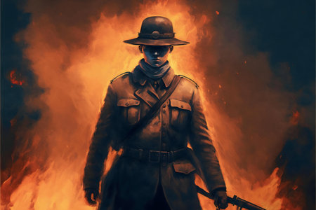 A digital painting of a soldier amidst a fiery inferno, conveying themes of war and sacrifice.の写真素材