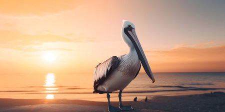 A pelican stands majestically on a beach during a vibrant sunset.の写真素材