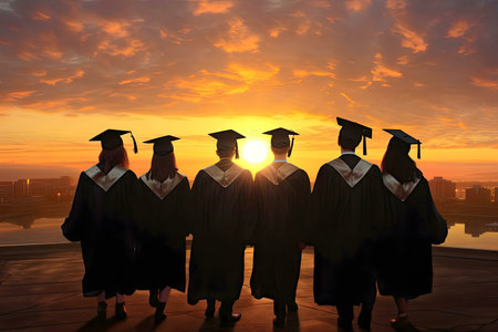 Silhouetted graduates watch the sunset, symbolizing their bright future.の写真素材