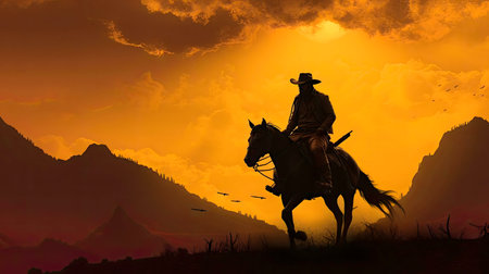A lone cowboy on horseback rides into the sunset, a dramatic silhouette against fiery orange and...
