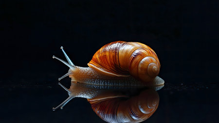 A striking macro photograph of a snail, reflecting perfectly on a dark surface. The image showcases intricate details and the elegance of nature.の写真素材