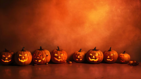 Row of illuminated Halloween pumpkins.の写真素材