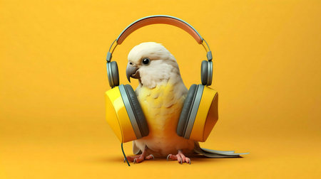 A charming parrot wearing yellow headphones enjoys the music. Bright, fun, and cheerful.の写真素材