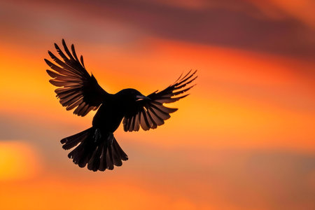 A majestic bird silhouetted against a vibrant sunset.