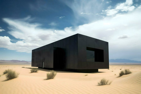A stark black cube stands alone in a sandy desert, minimalist architecture under a vast sky.の写真素材