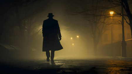 A lone figure walks through a foggy night street. Mystery and intrigue fill the scene.の写真素材