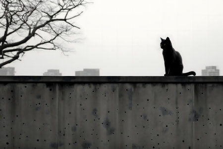 Black cat sitting on a wall overlooking a city. Monochrome photography.の写真素材