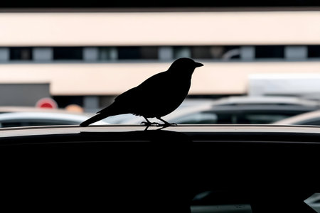 A dark silhouette of a bird perched on a car's roof in an urban setting.の写真素材