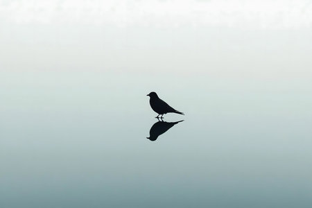 A solitary bird reflected in calm water. Peaceful, minimalist scene.の写真素材