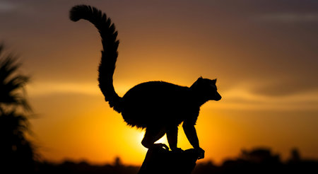 A majestic lemur silhouetted against a vibrant sunset in Madagascar.の写真素材