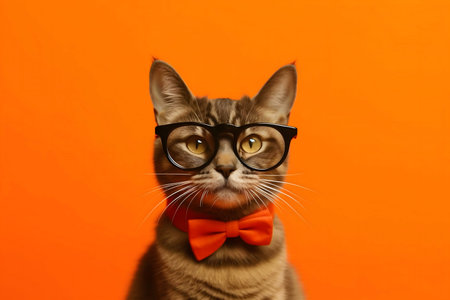 A cute cat wearing glasses and a bow tie against an orange backdrop.の写真素材
