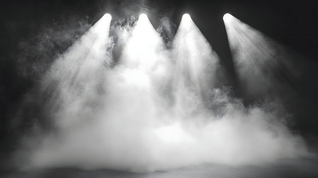 Three bright spotlights pierce through a smoky atmosphere. Dramatic lighting effect.の写真素材
