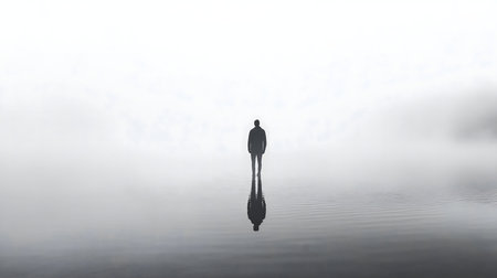 A solitary figure stands in a misty lake, its reflection mirroring the serene atmosphere.の写真素材